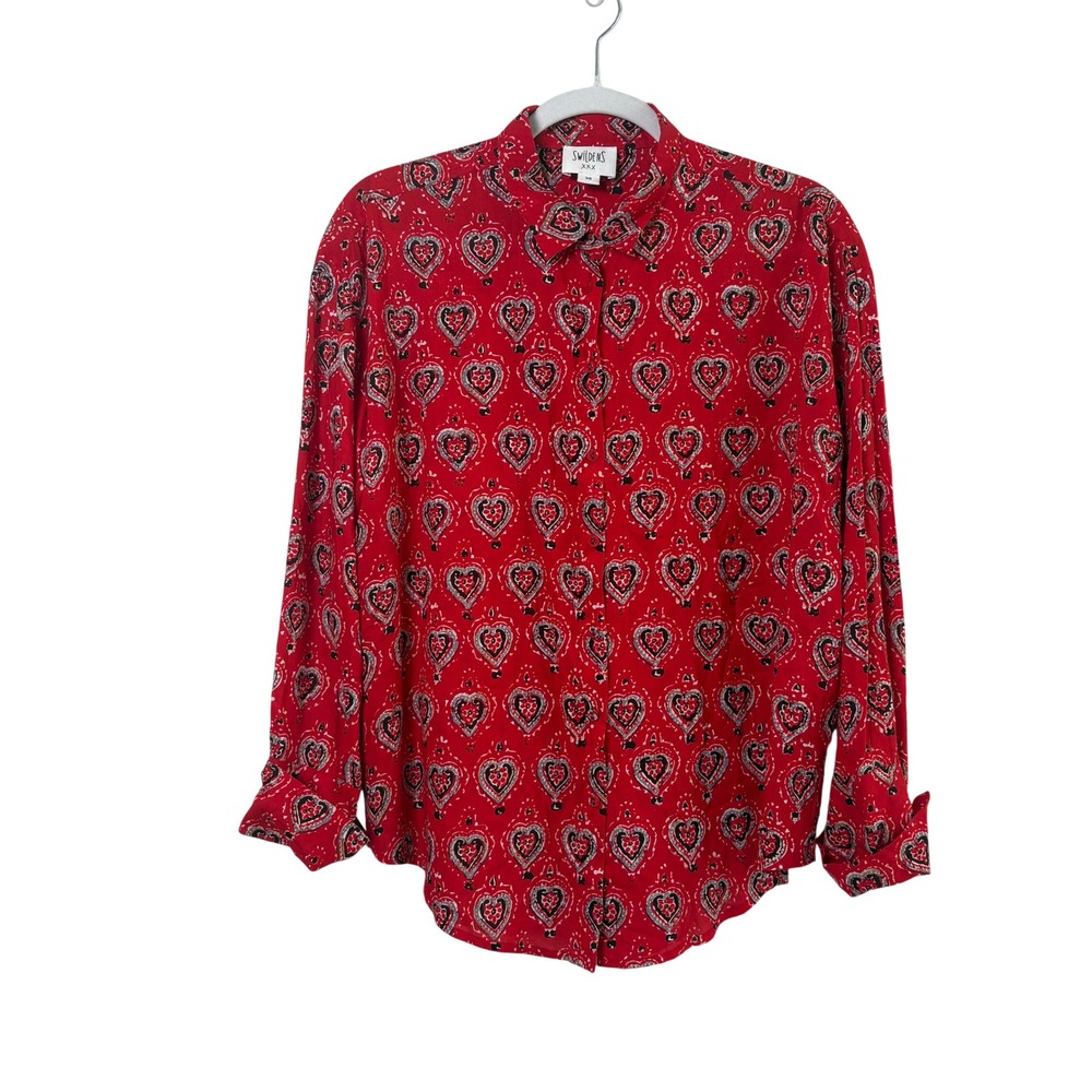 Swildens XXX Heart Print Button Up Shirt Size 36 US 4 Red Long Sleeve Viscose